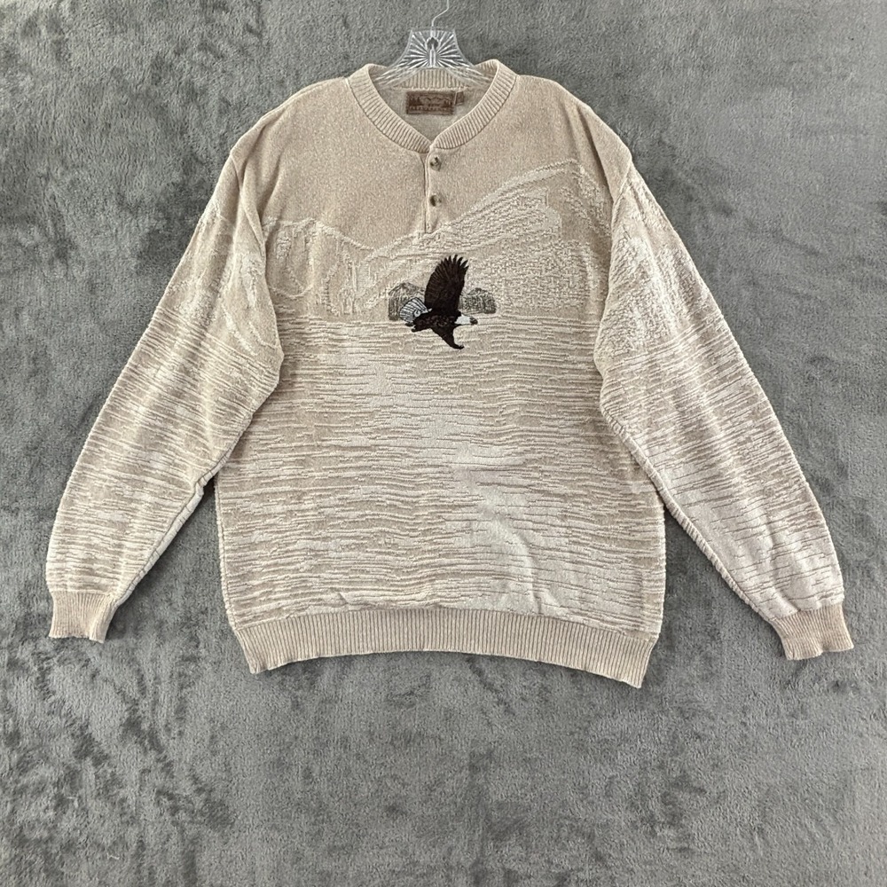 Vtg Shenandoah Eagle Henley Sweater Mens L‎ Beige Oversized Embroidery Mountains